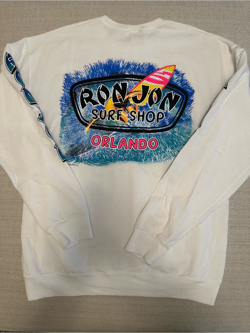 Ron Jon White Crewneck with Blue Sleeve Graphics - Picture 3 of 4